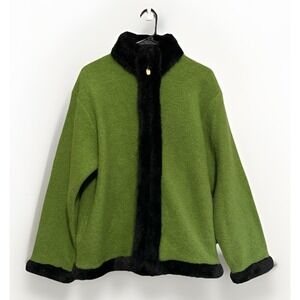 Vintage Lisa International Jacket Boiled Wool Lime Green Black Faux Fur Trim XL